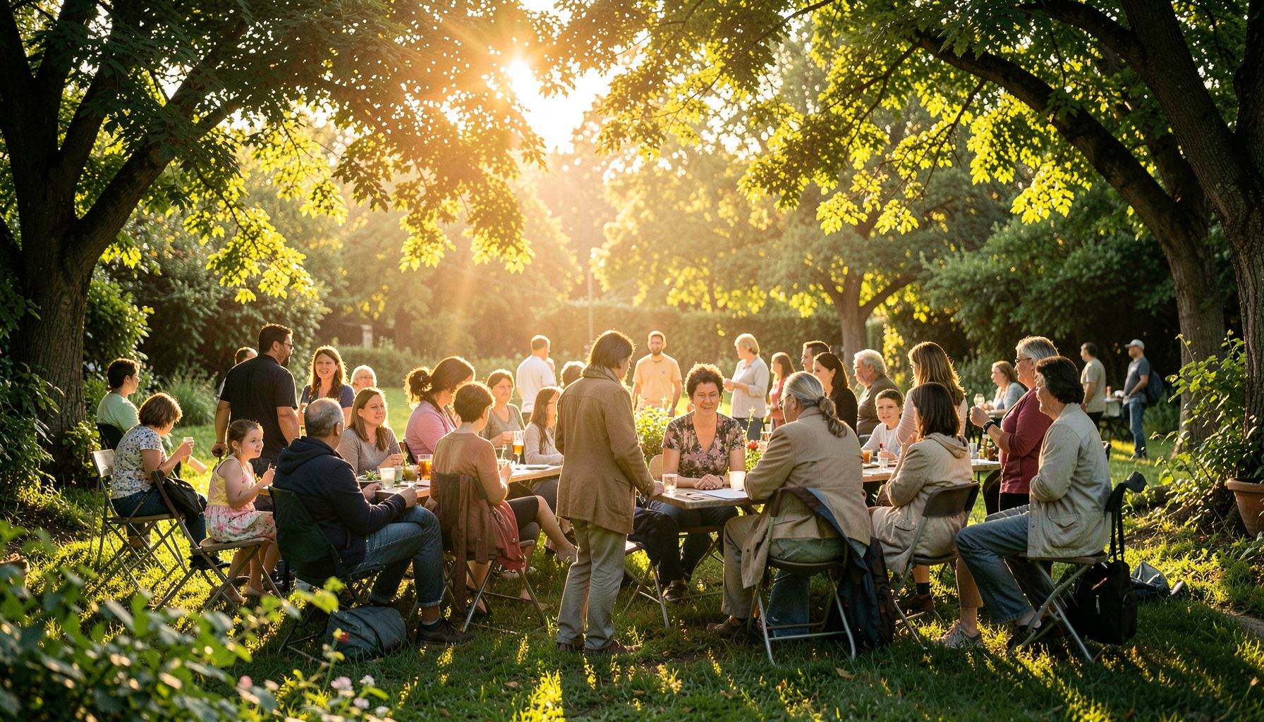 Warmly lit community gathering in a green outdoor space with golden sunlight filtering through trees