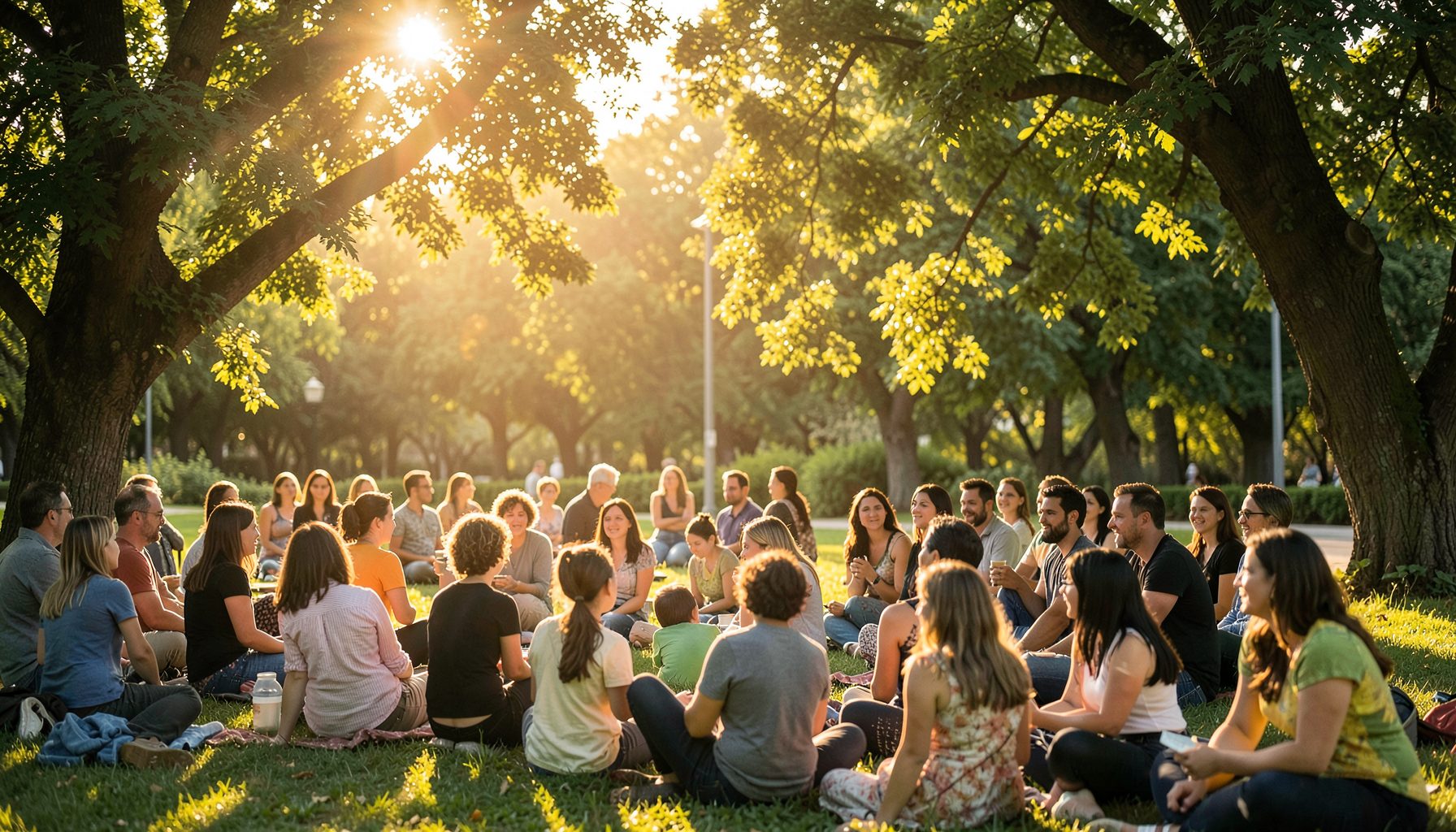 A sunlit community gathering in a green outdoor space, with warm golden light filtering through trees, conveying hope and togetherness