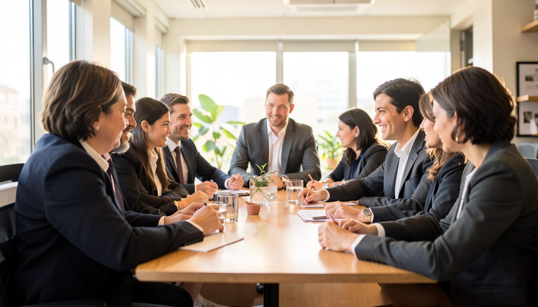 Group of professionals gathered around a table in a bright modern office, warm natural light, collaborative atmosphere