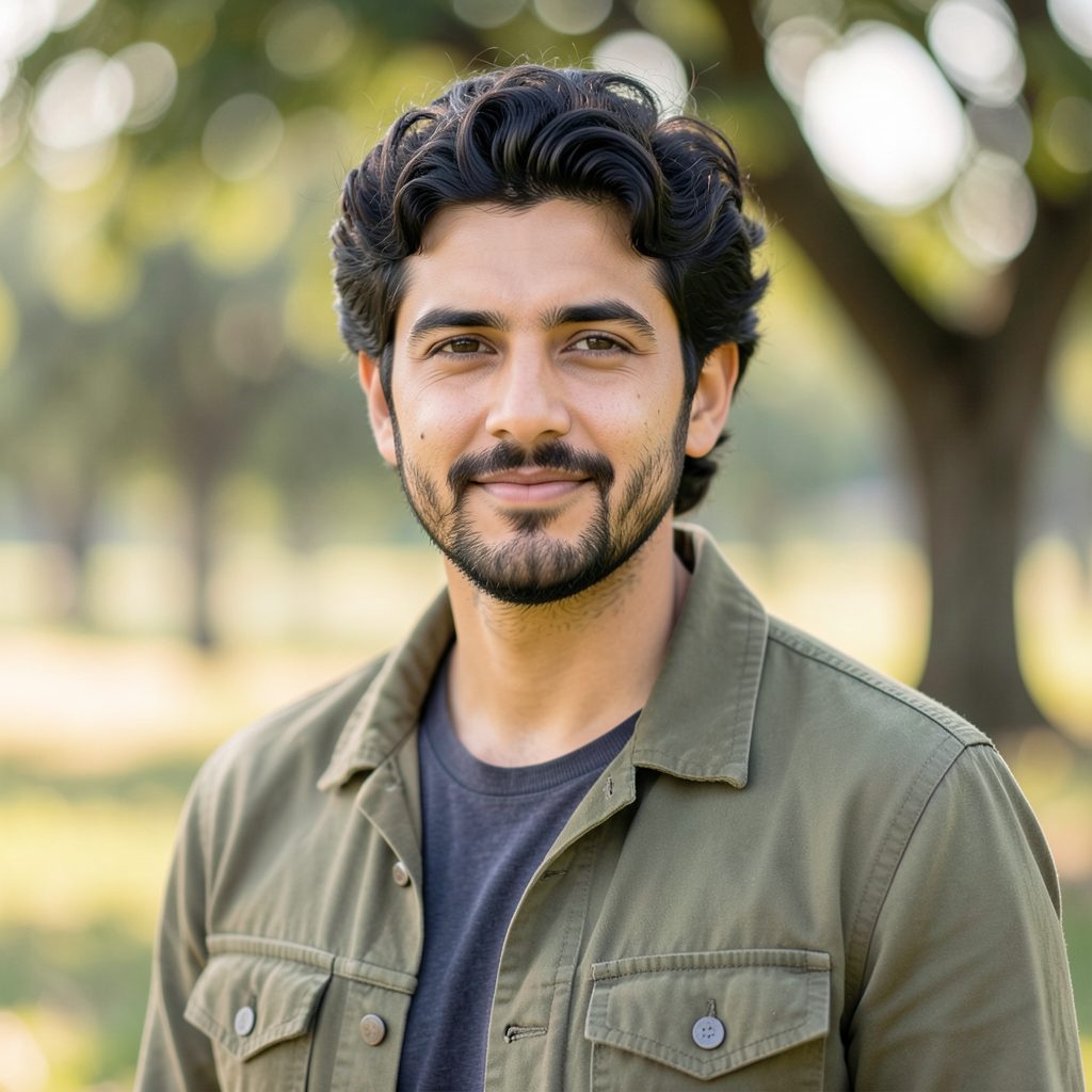 Portrait of a man in his thirties with dark curly hair, wearing a casual olive jacket, outdoors in soft daylight