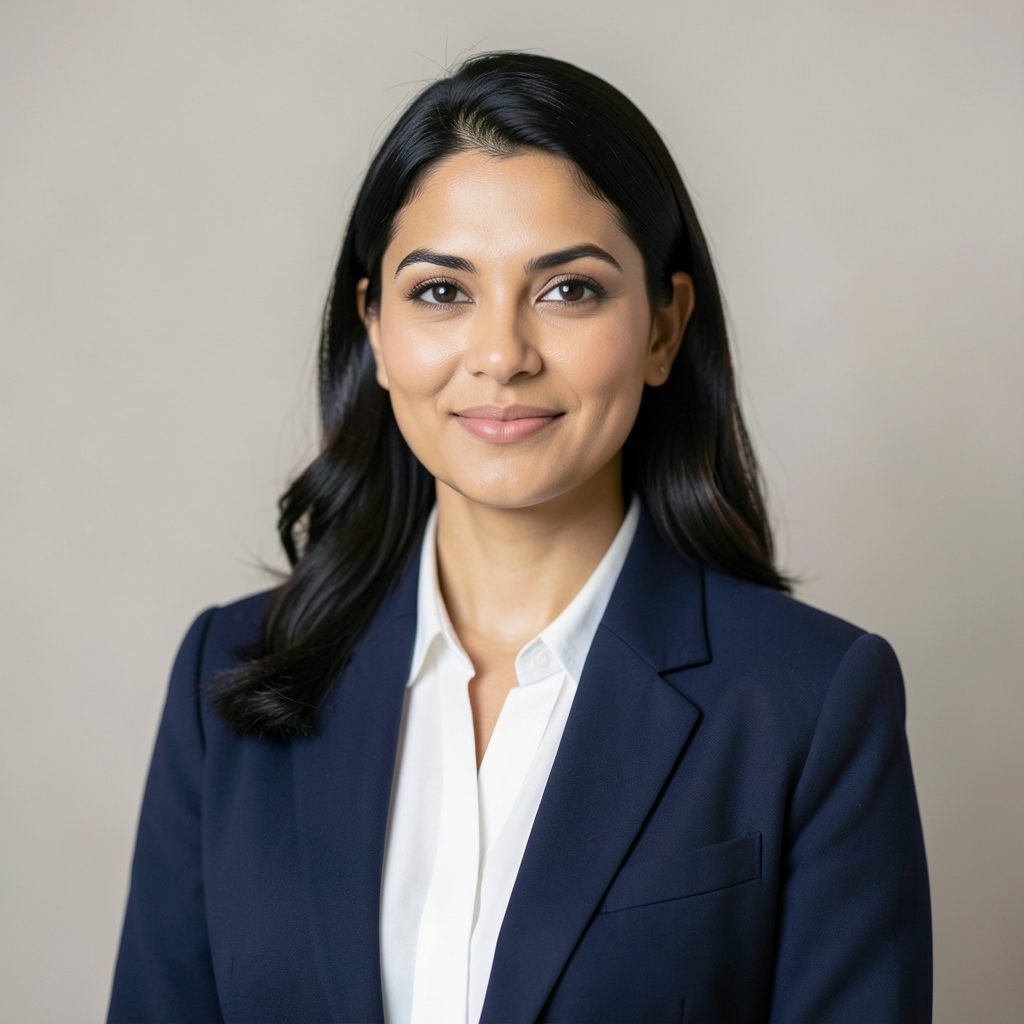 Portrait of a professional woman with dark hair, wearing a navy blazer, against a soft neutral background