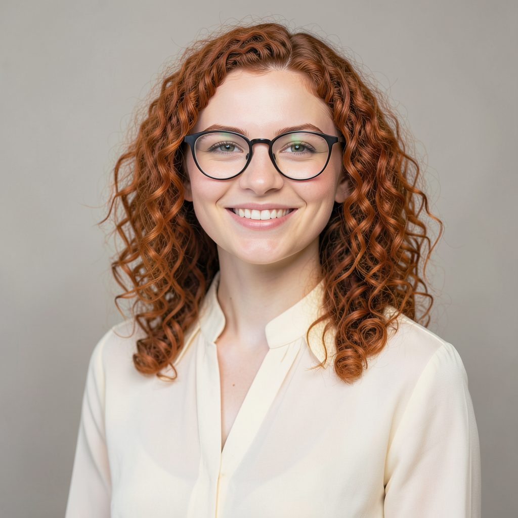 Portrait of a young woman with curly auburn hair, glasses, and a friendly expression, wearing a cream blouse